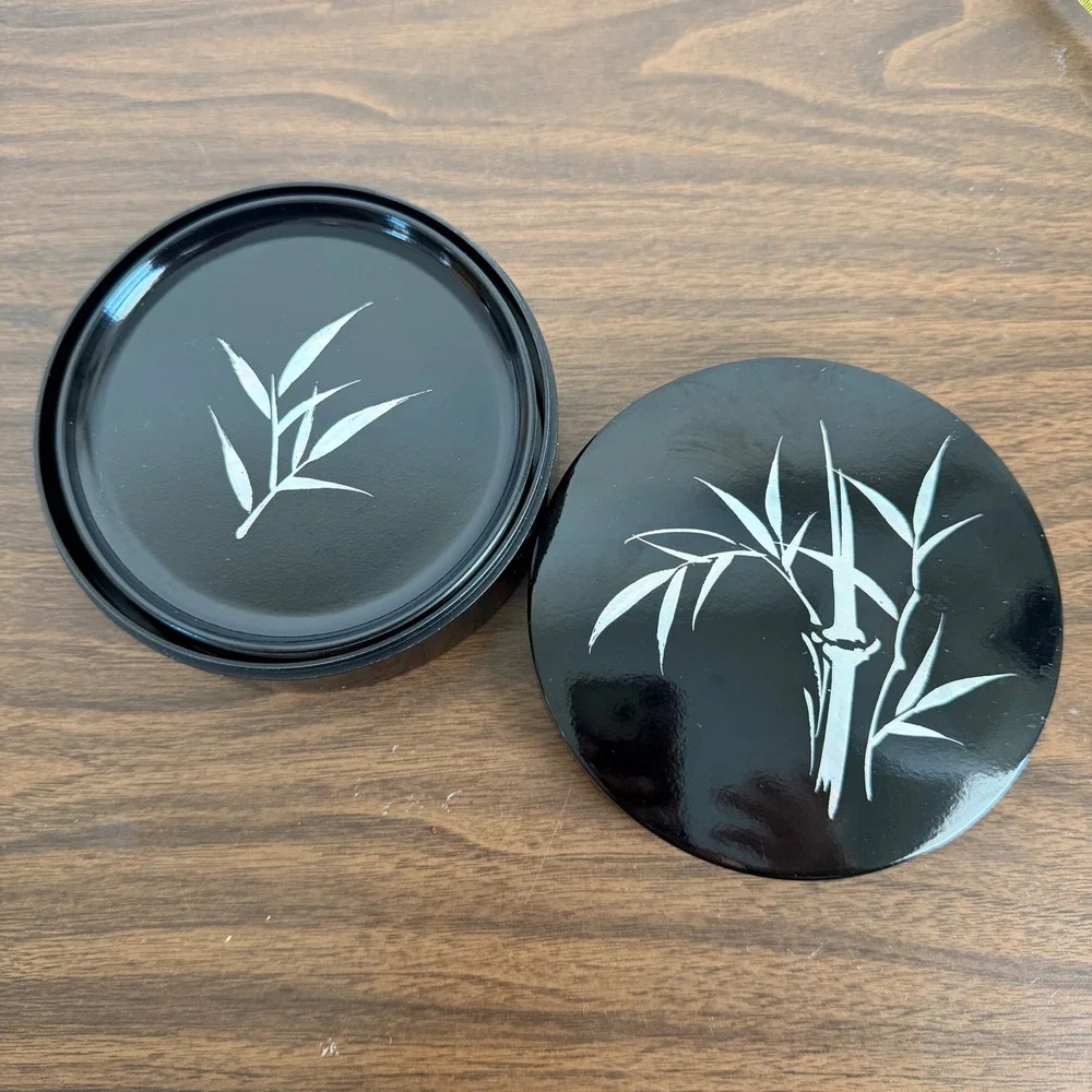 Vintage Otagiri Japan Lacquerware Coaster Set Mother of Pearl Bamboo Inlay 6pc